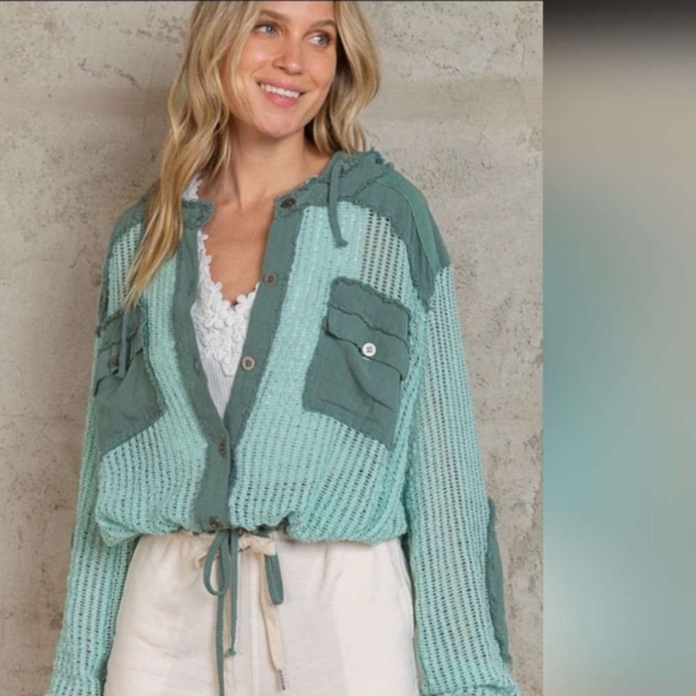 POL Teal and Cream Hooded Knit Shacket